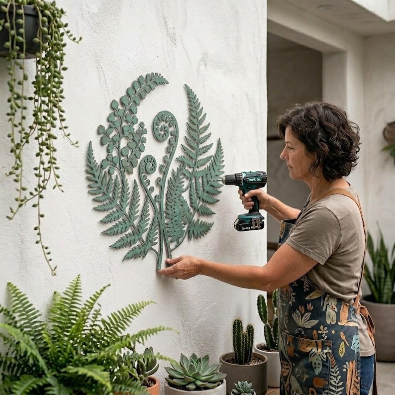 Ormbunke i metall, väggdekor i botanisk trädgård, rustik grön utomhusskulptur i natur, växtgåva bild 1