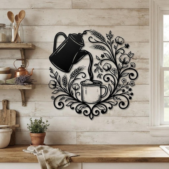Wanddeko aus Metall für die Küche: Kaffeekannen-Schild im Landhausstil, Kaffeebar-Deko, Geschenk für Kaffeeliebhaber