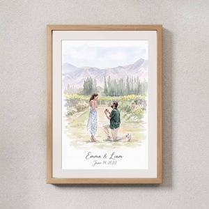 Könnte beinhalten: Ein gerahmter Aquarelldruck, der einen Heiratsantrag in einem Weinberg mit Bergen im Hintergrund zeigt. Das Bild zeigt zwei Personen, eine davon kniend, mit dem Text Emma & Liam und dem Datum 14. Juni 2022 am unteren Rand.