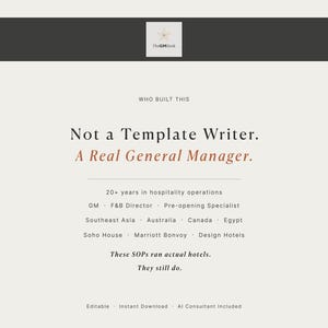 May include: Cream-colored digital document with dark gray header and text. The text reads "Not a Template Writer. A Real General Manager." Additional text lists experience and hotel brands. The document includes the text "Editable, Instant Download, AI Consultant Included."