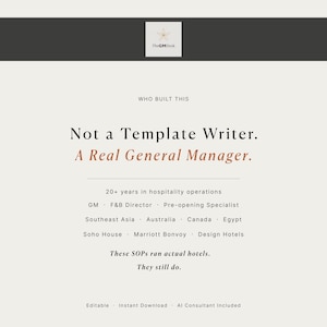 Puede incluir: Documento digital color crema con encabezado y texto en gris oscuro. El texto dice: "Not a Template Writer. A Real General Manager." Texto adicional enumera la experiencia y las marcas de hoteles. El documento incluye el texto "Editable, Instant Download, AI Consultant Included."