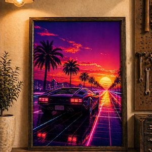 May include: Framed art print featuring a retro-style car driving towards a sunset. The artwork showcases a vibrant color palette of pink, purple, and orange, with palm trees and a city skyline. The license plate reads "OUTATIME".