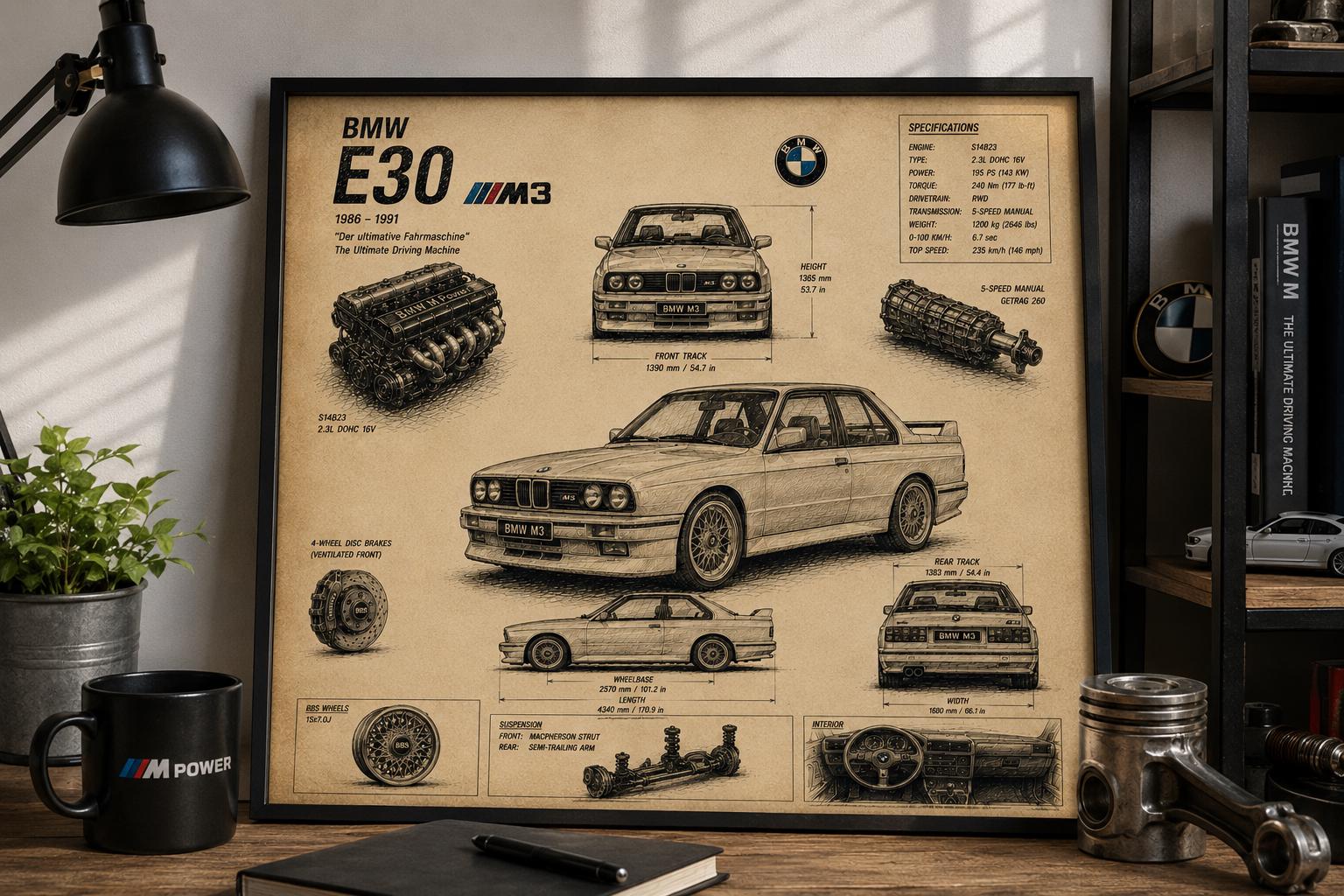 BMW E30 M3 Blueprint Poster - Etsy