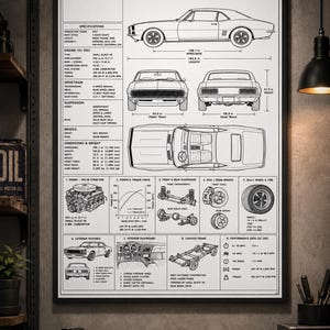 May include: A framed technical blueprint poster of a 1967 Chevrolet Camaro SS 350. The white print features black line drawings of the car from side, front, rear, and top views, alongside detailed engine, suspension, and performance specifications.