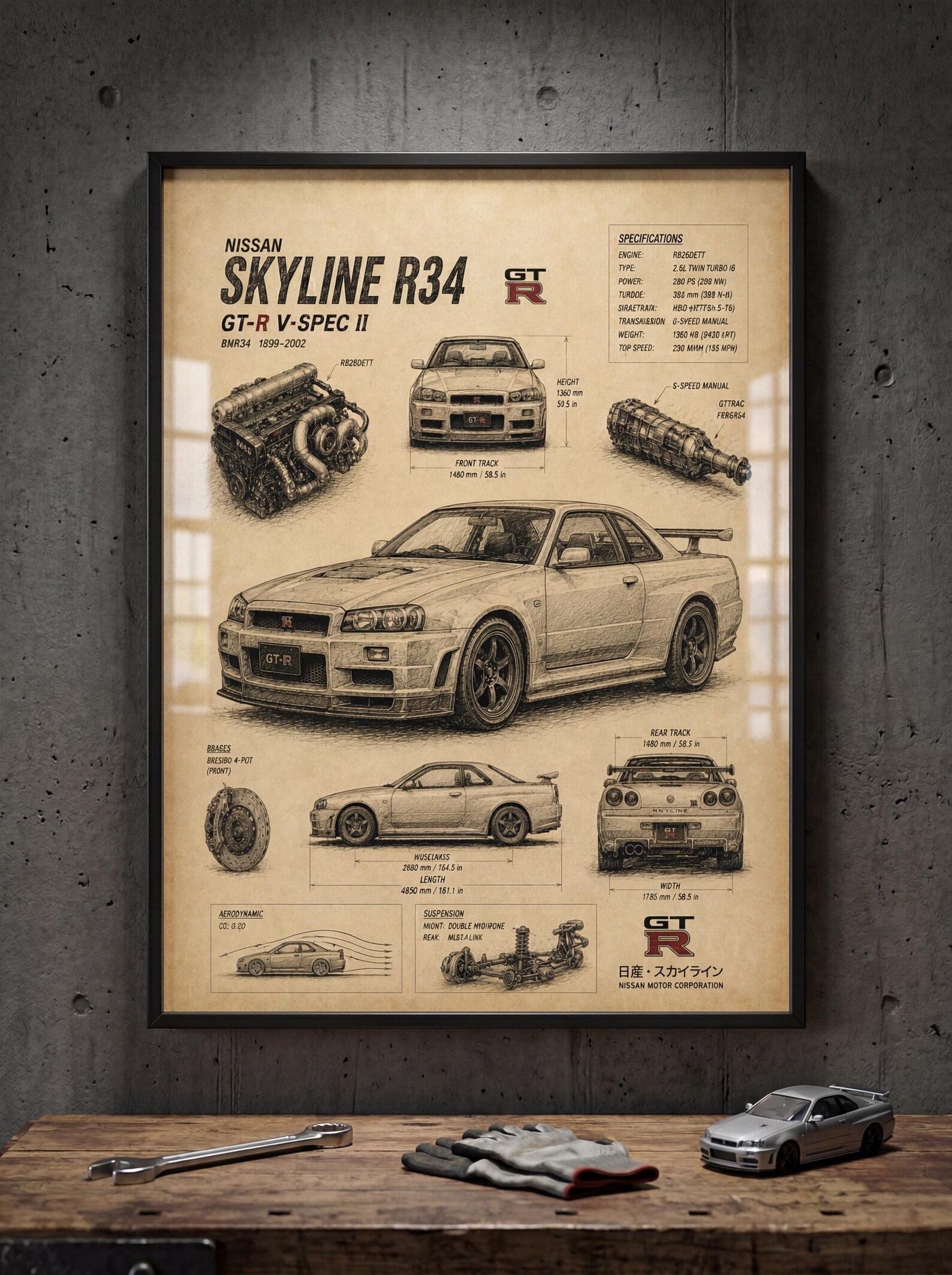 Gt R R34 Fnf Blueprint Nissan Skyline R34 GT-R Blueprint Poster - Etsy Canada