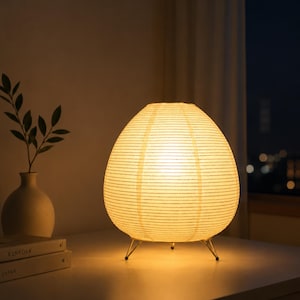 Lampe de table lanterne japonaise en papier de riz, lampe de chevet Japandi minimaliste