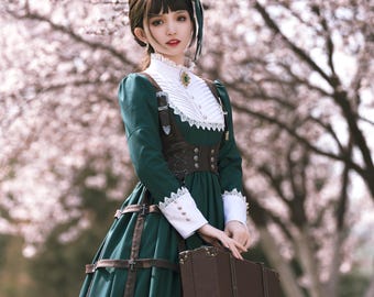 Lobnya ゴシック修道女ロリータドレスワンピース | ダークアカデミア チャーチコア プリーステススタイルドレス（ケープ、ベール、ボンネット付き） | ハロウィンパーティーコスチューム