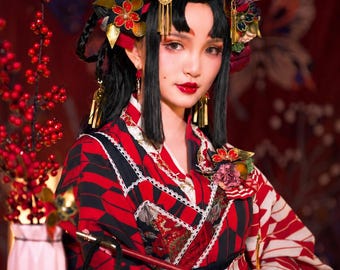 山怪の泉 レッドワ ロリータ ＪＳＫドレス |桜花魁花嫁 お茶会スタイル |日本の伝統的な着物の衣装
