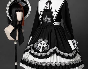 エターナルナイト ゴシックロリータドレス 黒白 ヴィクトリアンワンピース ダークアカデミア 修道女衣装 | 聖職者衣装