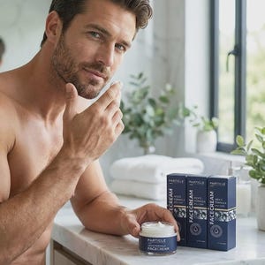 Puede incluir: Un hombre aplica crema facial de un tarro. El tarro y dos cajas de "Particle Facecream" son visibles. El embalaje es azul oscuro con texto blanco. La escena tiene lugar en un ba&ntilde;o con una ventana y plantas.