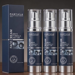 Puede incluir: Imagen de tres frascos con bomba plateados y transparentes de Particle Men's Formula Face Cream, junto a una caja azul marino. La caja y los frascos tienen texto blanco que dice "Particle Aesthetic Science for Men" y "Face Cream". Cada botella contiene 50 ml.