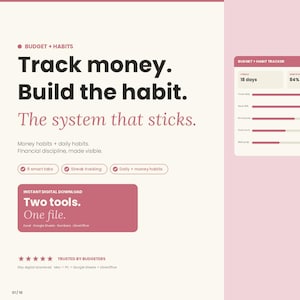 May include: A digital financial planning product with the text "Track money. Build the habit. The system that sticks." The image includes a budget tracker, a smartphone displaying budget details, and a pink and white color scheme.