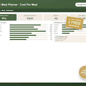 Meal Planner Spreadsheet with Grocery List, Cost Per Meal Calculator, Weekly Family Food Budget Tracker, Google Sheets + Excel, Menu Planner
