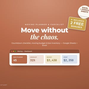 Könnte beinhalten: Ein digitales Umzugsplaner- und Checklisten-Dashboard mit braunem Hintergrund. Der Text lautet: Moving Planner & Checklist, Move without the chaos, Countdown checklist, moving budget & box inventory, Excel + Google Sheets, Includes 2 free bonuses.