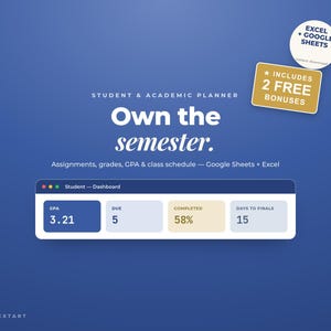 Könnte beinhalten: Ein digitaler Studenten- und Studienplaner auf blauem Hintergrund mit dem Text Own the semester. Eine Dashboard-Oberfläche zeigt einen Notendurchschnitt von 3,21, 5 fällige Aufgaben, 58 % erledigt und 15 Tage bis zu den Abschlussprüfungen.