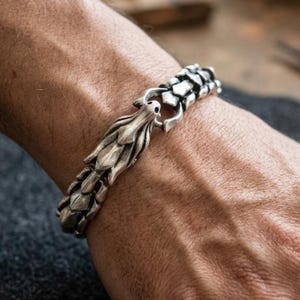 Sterling Silver Dragon Scale Link Bracelet, Gothic Mythical Creature Jewelry