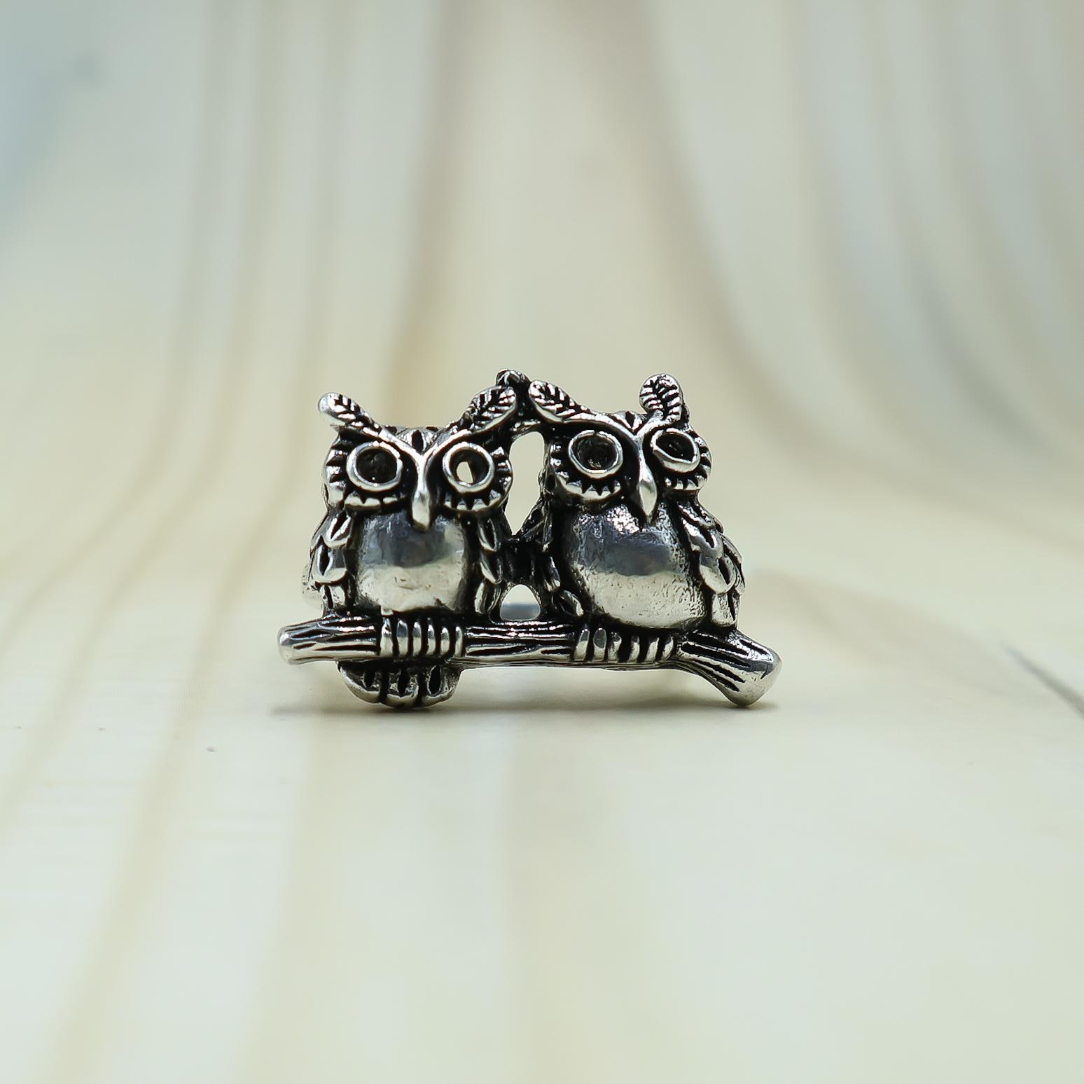 Two Owls Sterling Silver Ring, Oxidized Boho Statement Jewelry