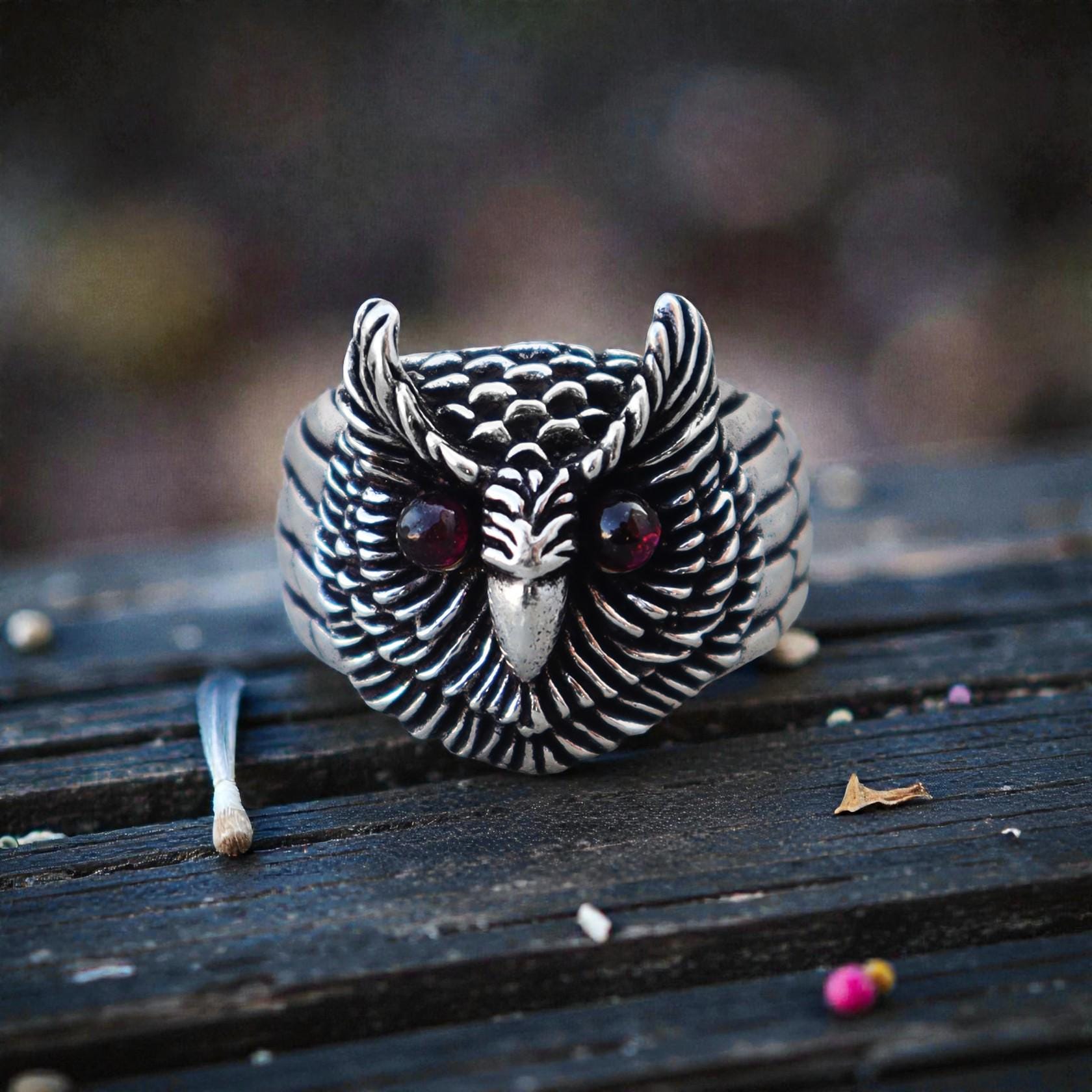 Sterling Silver Owl Ring, Red Garnet Eyes, Gothic Statement Jewelry