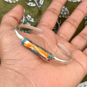 Spiny Oyster Turquoise Sterling Silver Open Cuff Bangle, Boho Statement Bracelet