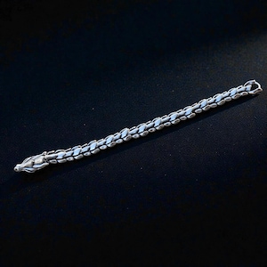 Può includere: Un braccialetto color argento con un design a serpente. Il braccialetto presenta una testa di serpente dettagliata a un'estremità e una chiusura all'altra. La catena è composta da maglie strutturate interconnesse. Il braccialetto è esposto su una superficie scura.