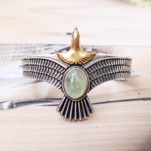 Prehnite Eagle Cuff Bangle, Sterling Silver, Oxidized Boho Vintage Jewelry