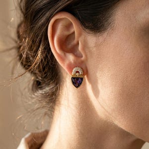 Boucles d'oreilles Art Déco en cristal, boucles d'oreilles géométriques dorées vintage, bijoux tendance violet et bleu glacier, cadeau élégant pour elle
