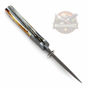 Handmade Damascus Steel Folding Knife – Engraved Bone Handle, Leather Sheath