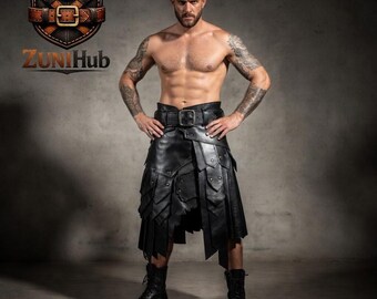 Falda escocesa de cuero negro para hombre / Falda escocesa gótica utilitaria con bolsillos y cinturón resistente / Falda escocesa para festivales de punk rock / ZUNI Hub