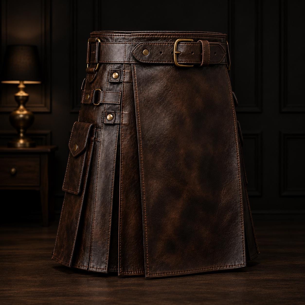 Men's Dark Brown Leather Battle Kilt - Gothic Fantasy Rogue Utilikilt with Pockets