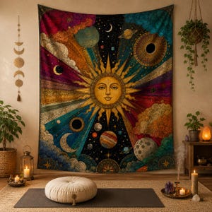 May include: A rectangular wall tapestry featuring a central golden sun face surrounded by colorful celestial elements including planets, stars, clouds, and a crescent moon against a dark background with radiating beams of light in shades of red, blue, and gold.