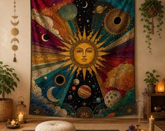 Hemels Zon Wandtapijt, Vintage Astrologie Wanddecoratie, Kleurrijke Maan en Planeten Wanddecoratie, Boho Slaapkamer Decoratie, Kosmisch Cadeau voor Haar Kamer Kunst