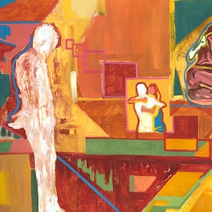 May include: Abstract artwork depicting figures in a range of poses, using orange, blue, and green hues. The painting includes geometric forms and outlines of people, producing a vibrant and colourful composition. The style is reminiscent of modern art.