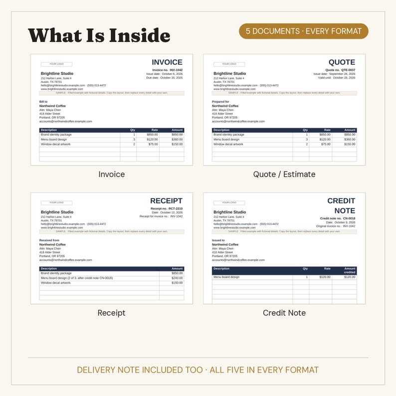 Invoice Template Pack: Editable Invoice, Quote, Receipt, Credit Note ...