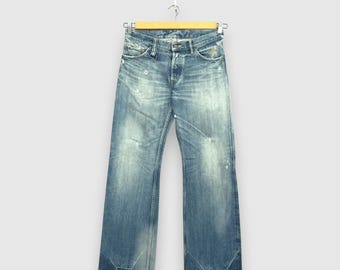 W32 Vintage Backbone Selvedge Jeans, 90s Backbone Womens High Rise Pants, Backbone Japanese Faded Redline Ripped Denim Streetwear Size 32x34