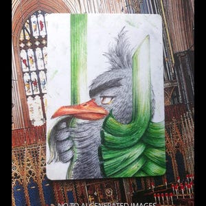 May include: A hand-drawn illustration of a bird with grey feathers, a red beak, and a green leafy element. The bird is holding the green element. The image has the text "NO TO AI GENERATED IMAGES" and "NIGHTSHADE".