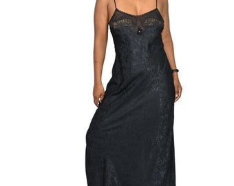 Christian Dior camisón negro vintage satinado sedoso vestido largo slip vestido de encaje transparente tamaño de lencería pequeño