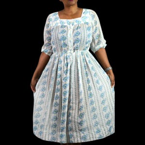 Vintage Serbin Muriel Ryan Dress White Floral Stripe Square Neck Blue Cottagecore Midi Sheer Small
