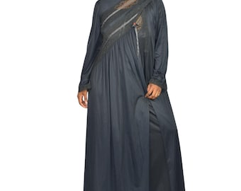 Vintage 60s 70s Gilead Black Peignoir Set Nightgown Robe with Sheer Lace Ribbon Details Medium Made in USA