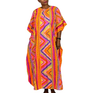 Vintage Psychedelisches Kaftan Kleid: 60er Jahre Regenbogen Muster Maxi, Einheitsgröße