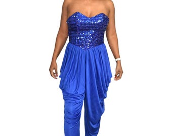 Mono pantalón harem de lentejuelas vintage azul sin tirantes escote corazón piernas cónicas drapeadas sin marca holgado ajustado brillante estilo disco de los 80 talla pequeña 4