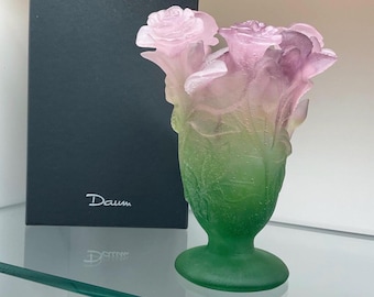 Daum France Pink Roses Pâte de Verre Vase – French crystal art vase with green base, new collector's item with box