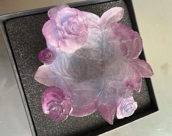 Daum France Crystal Rose Dish | Pâte de Verre Floral Bowl | Signed French Art Glass with Original Box