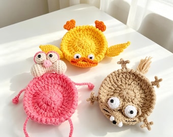 Posavasos divertido de ganchillo / Posavasos con diseño de animalito / Posavasos hecho a mano, decoración estética para escritorio, regalo para ella, regalo de inauguración de casa