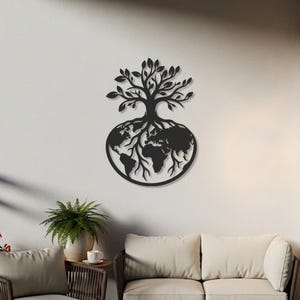 Tree of Life World Map Metal Wall Art, Laser-Cut Steel Decor, Global Exploration Symbolism