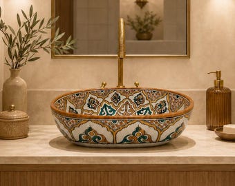 Lavabo ovale in ceramica marocchino – Lavabo da appoggio multicolore fatto a mano – Lavabo da bagno dipinto a mano – Omaggio