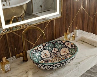 Handgefertigte Keramik Gefäß Waschbecken für Badezimmer Benutzerdefinierte marokkanische Keramik Waschbecken Vanity Antique Style Waschbecken Etsy handgemachte Badezimmer Dekor Waschbecken