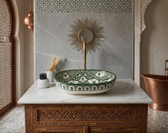 Oval Moroccan Vessel Sink – Hand Painted Green Ceramic Basin