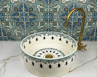 Bathroom Vessel Sink Green Handpainted Ceramic Vanity Bowl Artistic Design