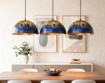 Set of 3 Oxidized Copper Pendant Lights, Blue Patina Hanging Lamps, Farmhouse Fixture