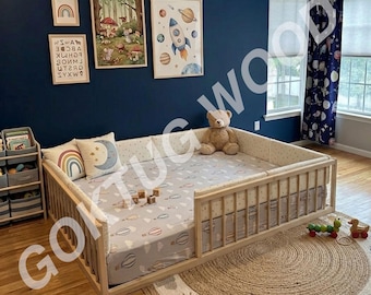 Bed op montessorivloer met rails - kinderbed op vloer - bedframe peutervloer - babybed - massief houten bed - montessoribed - platforbed
